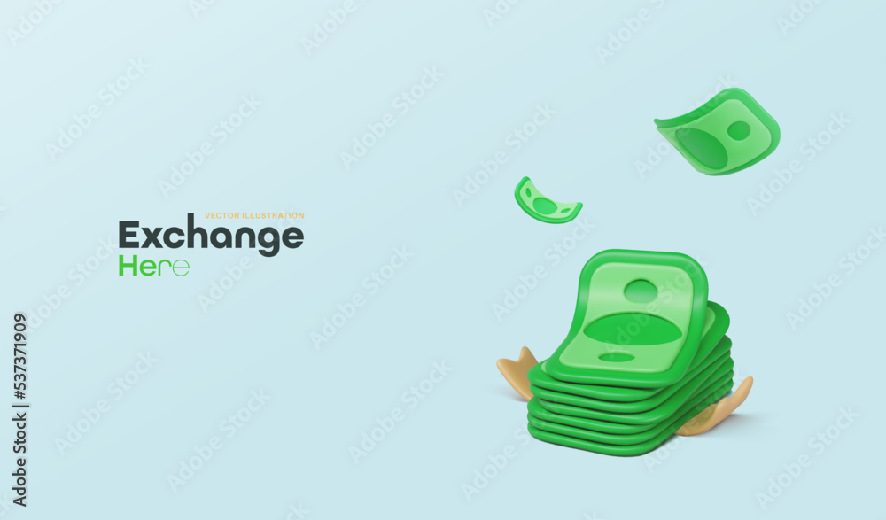 Fototapeta premium 3d cartoon dollar paper bills money falling in stack vector illustration. US dollars cash back on light background. Money exchange banner template.