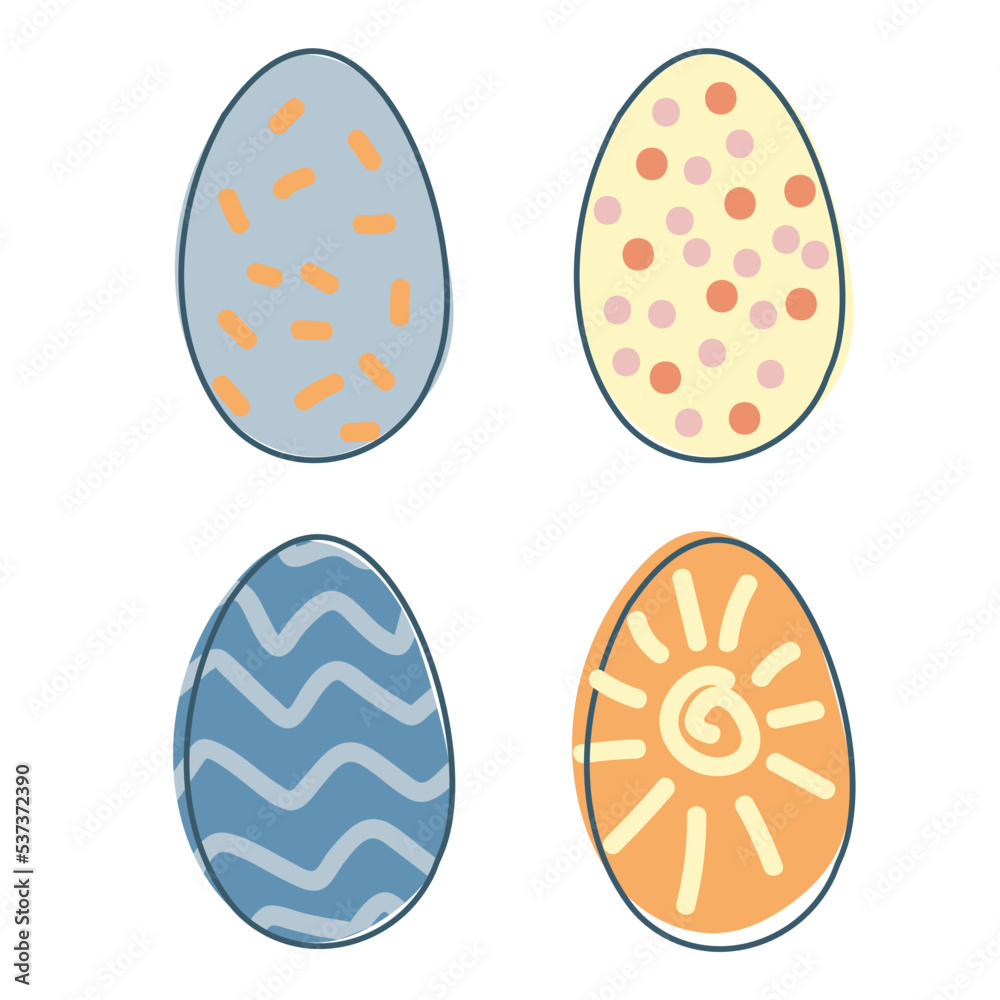 A set of Easter eggs. Festive sweets. Colored eggs in doodle style. Vector graphics isolated on white background.