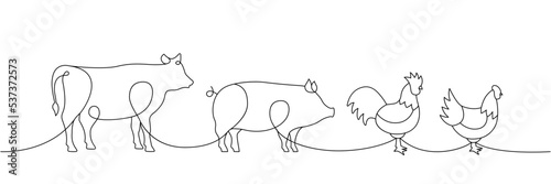Farm animals set one line continuous drawing. Pig, Cow, Chicken, Rooster silhouettes. Farm animals continuous one line illustration.