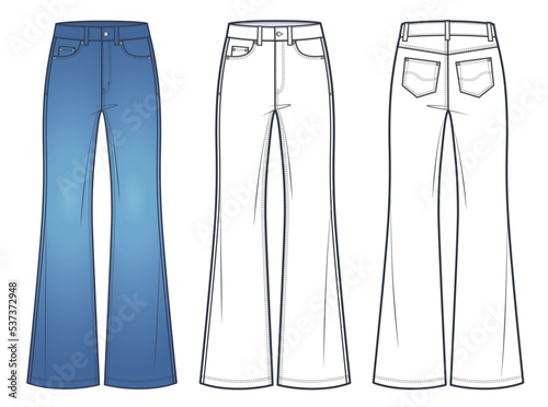 Unisex Jeans flared bottom, Denim Pants technical fashion illustration, blue design. Jeans Pants with full length, medium waist, flared fit, front view, back view, white, women, men, unisex CAD mockup