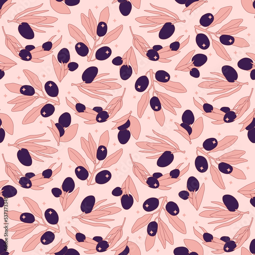 Cartoon dark olives seamless pattern with shine elements. Vector flat illustration