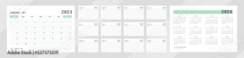 Monthly calendar for 2023 planner with new trendy design and 2024 calendar on the back page and side date.