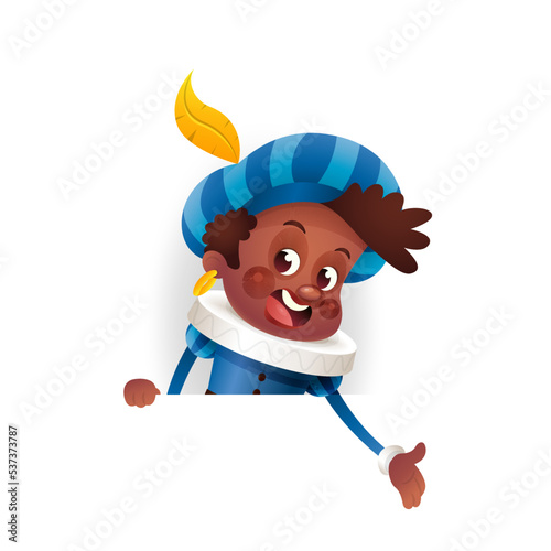 Sinterklaas friend in blue costume peeking on signboard - design template isolated on transparent background