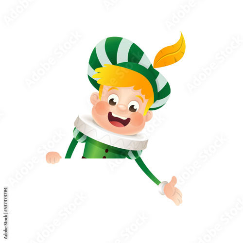 Sinterklaas friend - girl in purple costume peeking on signboard - design template isolated on transparent background