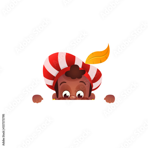 Sinterklaas friend - boy in red costume peeking on signboard - design template isolated on transparent background