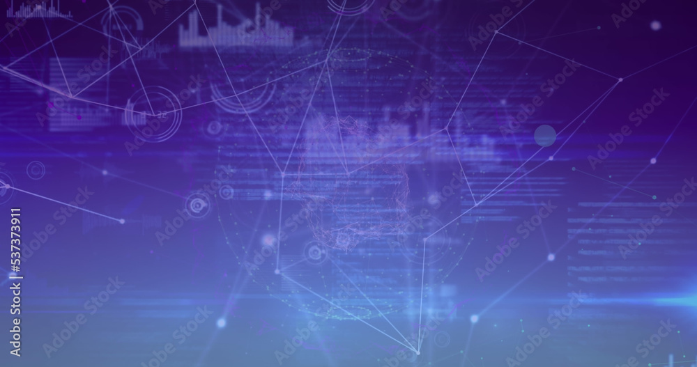 Composition of network of connections with data processing on blue background Composition of network of connections with data processing on blue background