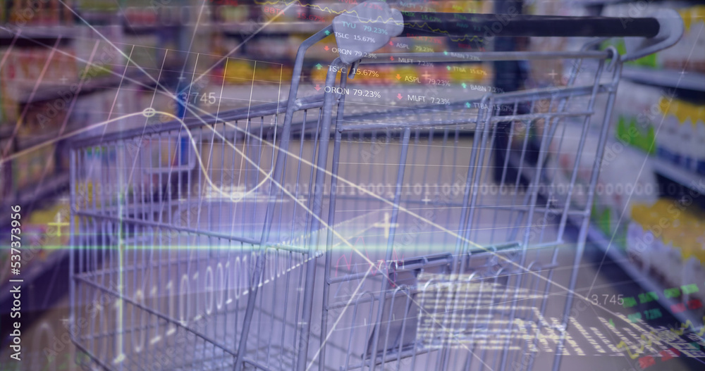 Image of financial data processing over shopping cart Image of financial data processing over shopping cart