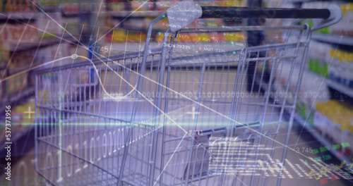 Image of financial data processing over shopping cart