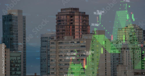 Image of finacial data processing over cityscape