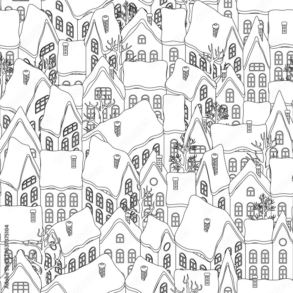 houses with snow-covered roofs are an isometric projection.  Cute beautiful town  seamless pattern.Contour illustration, coloring. Texture for fabric, wrapping, wallpaper