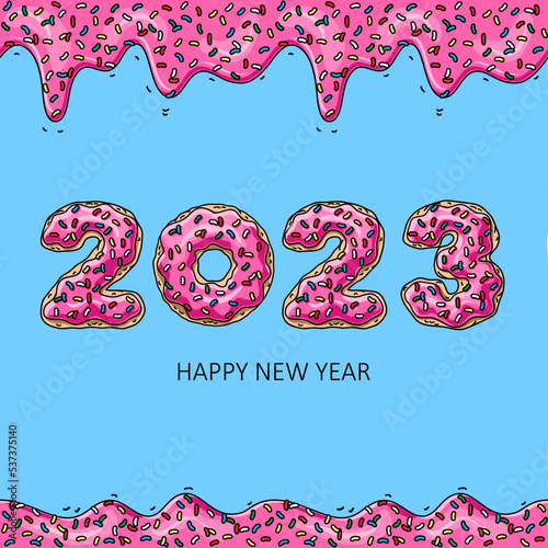 Sweet New Year 2023 from donuts. Donut's pink glaze. photo