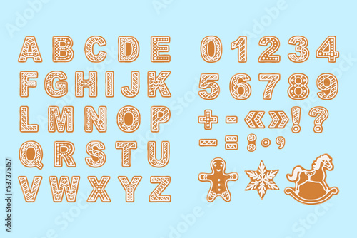 Font of gingerbread. Bakery  alphabet. Letters and numbers with white glaze for sweet winter holydays. Vector poster