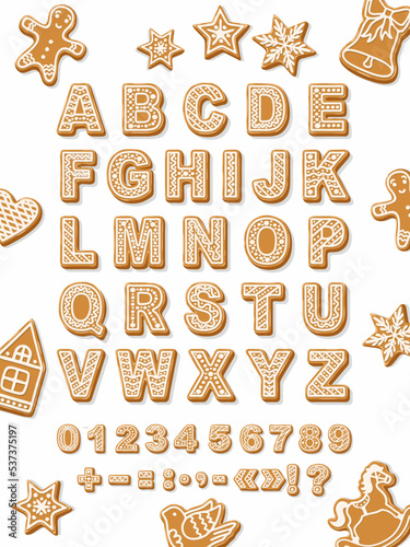 Font of gingerbread. Bakery alphabet. Letters and numbers with white glaze for sweet winter holydays. Vector poster