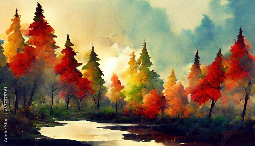 Artistic Autumn forest landscape. Colorful watercolor painting of fall season. Red and yellow trees. Vintage pastel colors.