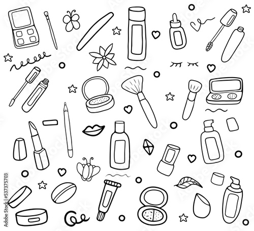 Hand drawn cosmetic doodle set.
Includes different jars, includes mascara, lipstick, shadows, blush and more. As well as doodle elements, curves, circles, hearts, etc.