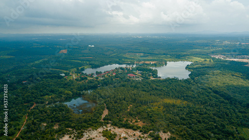 Aerial drone view of rural scenery with a lake at Jasin, Melaka, Malaysia