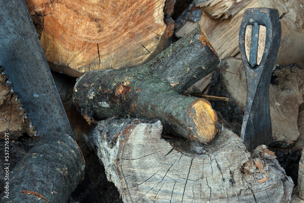 A small wooden chock lies on a sawn log of an old tree in which an ax sticks out against the background of logs. Nearby is a saw. Close-up. A small wooden chock lies on a sawn log of an old tree in which an ax sticks out against the background of logs. Nearby is a saw. Close-up.