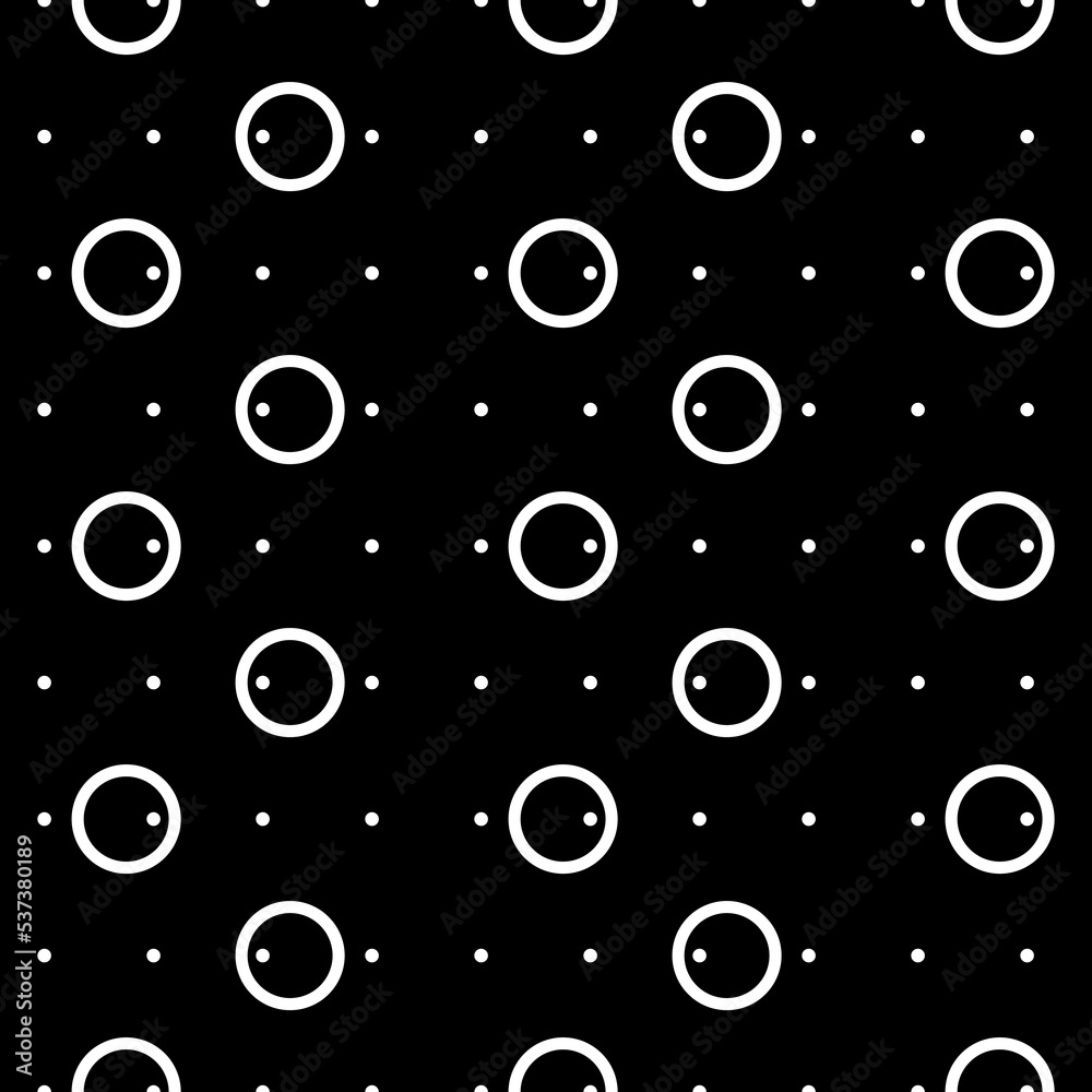 Vector illustration. Geometric seamless pattern. Solid contour circle and dots in a row. Spotted black and white, grey background. Simple monochrome abstract pattern.