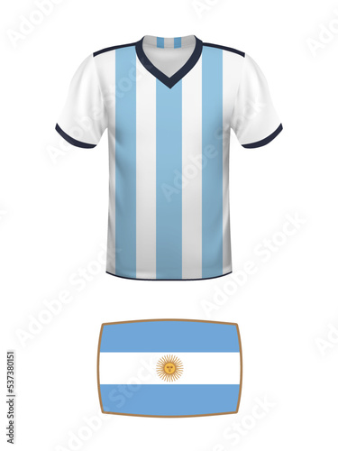 Argentina jersey football kit. World football tournament 2022. National t-shirt and flag of soccer team Argentina on white background.