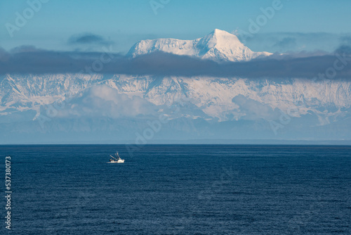 Mount Saint Elias along the ocean on the Alaska coast