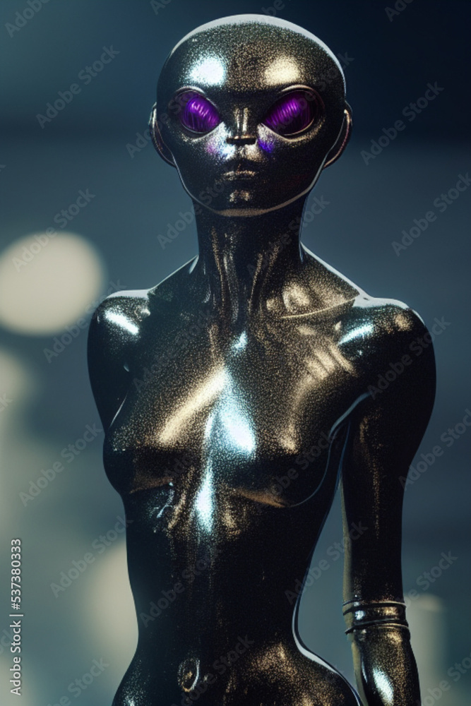 Chrome alien sculpture of a young woman. Reflection on a perfect body. 3d rendering