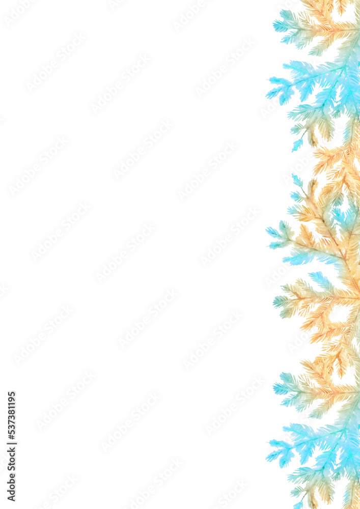 Christmas trees. Gold and blue spruce branches. Brochure design template. Watercolor hand-drawn A4 layout on white background.
