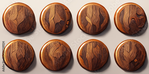 Round wooden buttons on a white background decorative design.
