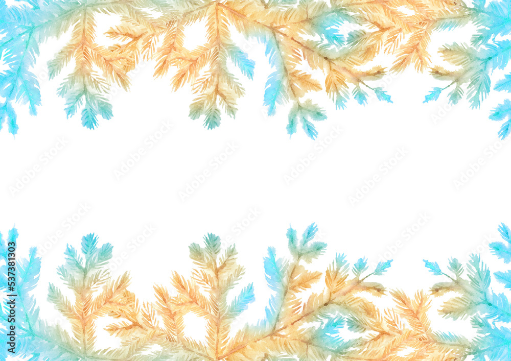 Gold and blue spruce branches. Christmas trees. Watercolor greeting card. Hand-drawn artistic illustration on white background. Gold and blue spruce branches. Christmas trees. Watercolor greeting card. Hand-drawn artistic illustration on white background.