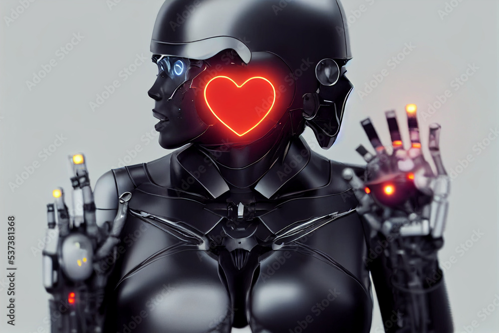 Cyperpunk cyborg portrait 3D design. Glowing neon light, bionic cyborg in armour. Futuristic gear, waves of light and energy. Science fiction, Photo realistic, concept art, Heart face
