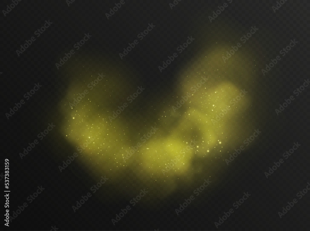 Pollen cloud, allergic flower grains, yellow fog or smoke, holi paint splash with particles effect isolated on a dark background. Vector illustration.