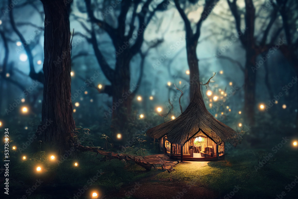 Deep in a distant, hidden, mysterious forest sits an enchanting fairy tree home inside an old white oak, shrouded in mystery and magic, 3d render - obrazy, fototapety, plakaty 