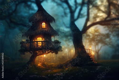 Deep in a distant, hidden, mysterious forest sits an enchanting fairy tree home inside an old white oak, shrouded in mystery and magic, 3d render