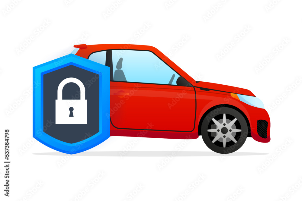 Car Guard shield sign. Vehicle insurance logo emblem. Red sport car