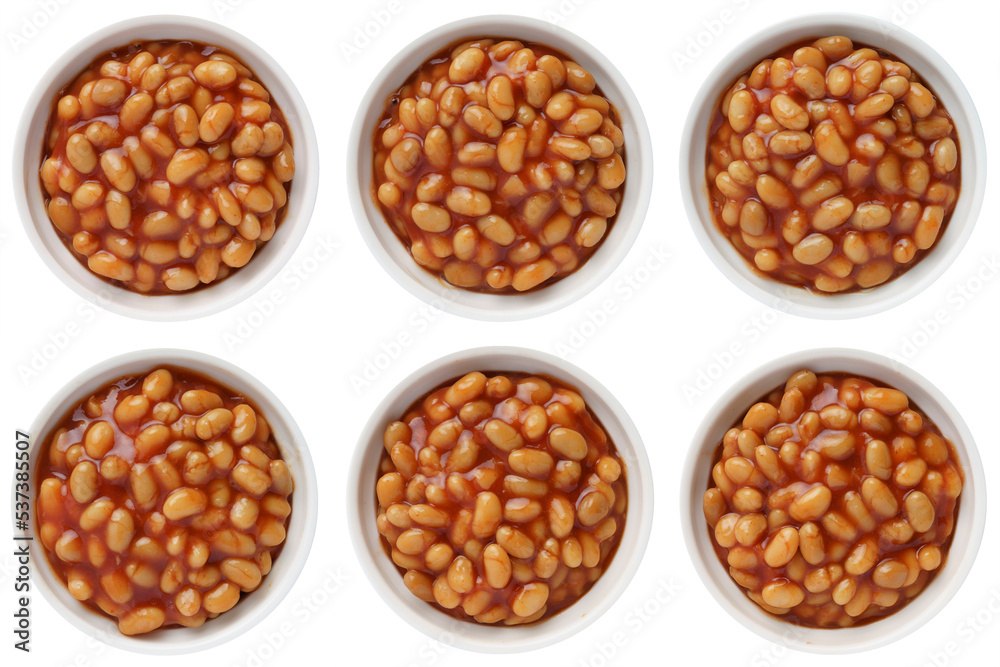 Baked beans in tomato sauce in a white ceramic bowl isolated on white. Top view. Baked beans in tomato sauce in a white ceramic bowl isolated on white. Top view.