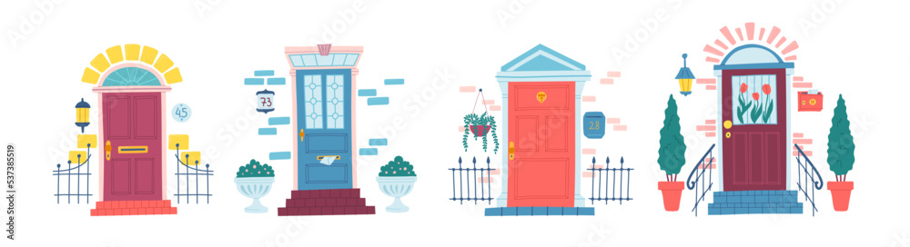 Fototapeta premium Vector front doors with door knocker, street plants, bricks, mailboxes set in flat primitive style. Different building entrances with stained glass flowers, lanterns and arches illustration