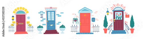 Vector front doors with door knocker, street plants, bricks, mailboxes set in flat primitive style. Different building entrances with stained glass flowers, lanterns and arches illustration