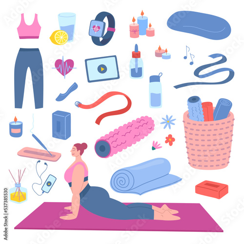 Vector yoga accessories and woman in upward facing dog asana pose set. Yoga mat, blocks, watter bottle, clothing and aromatherapy elements illustration