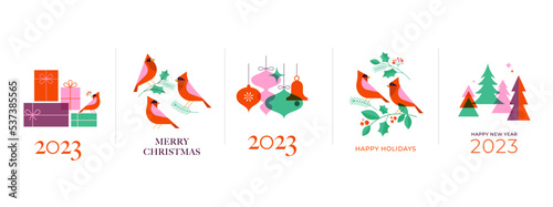 Merry Christmas modern design, holiday gifts, winter elements, candles, Christmas tree, village and Xmas decorations. Colorful vector illustration in flat geometric cartoon style