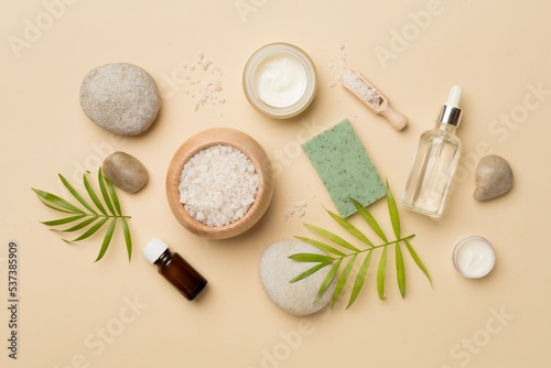 Composition with spa products on color background  top view