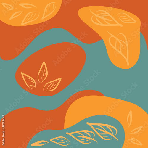Fall banner. Autumn design with geometric shapes, leaves and wavy lines in orange and turquoise colors. Vector illustration. For poster, flyer, social media post or stories template, campaign.