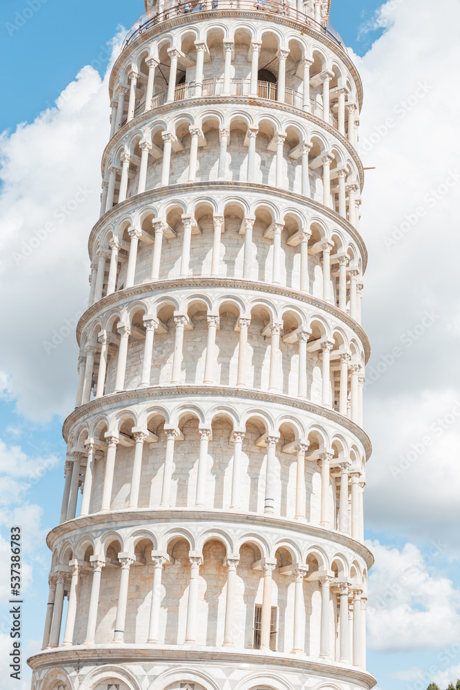 Pisa tower on a blue cloudy sky without people. Travel in Italia, Pisa. Architecture, Column and Tower