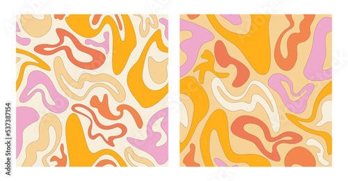 A set of seamless abstract patterns in the style of the 1970s. Wavy pattern with abstract distorted  twisted shapes. Psychedelic style. Groovy vintage background. Flat Design. Hippie aesthetics.