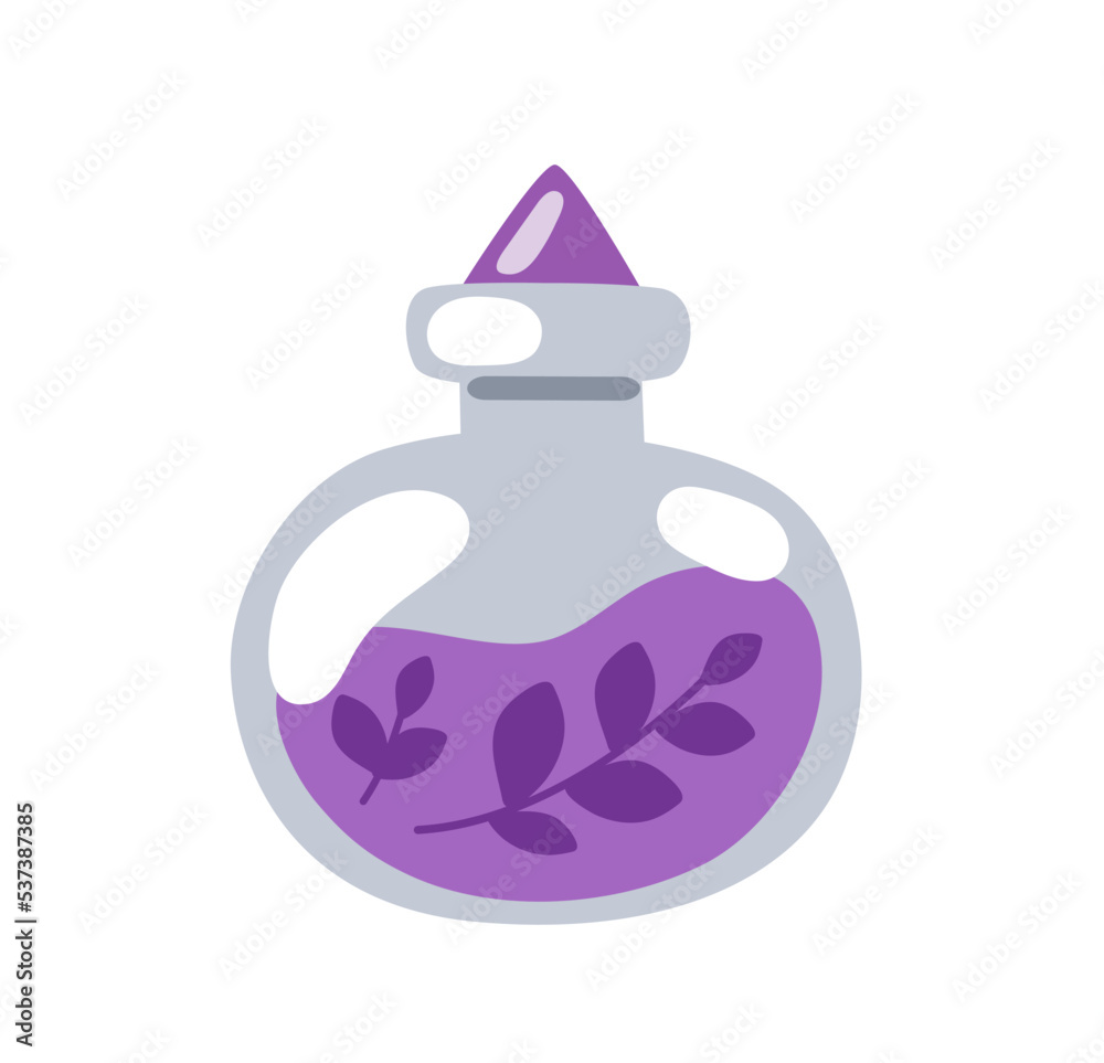 Magic potion in glass bottle, magical elixir, alchemical beverage, poison. Witchcraft and alchemy. Hand drawn flat vector illustration.