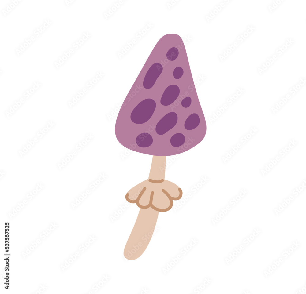 Purple magic mushroom toadstool. Fly agaric, fairy-mushroom, amanita muscaria, fungus. Inedible poisonous mushroom. Witchcraft ingredient, element. Vector hand drawn illustration. Purple magic mushroom toadstool. Fly agaric, fairy-mushroom, amanita muscaria, fungus. Inedible poisonous mushroom. Witchcraft ingredient, element. Vector hand drawn illustration.