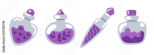 Magic potion in glass bottle, magical elixir, alchemical beverage, poison. Witchcraft and alchemy set. Collection of hand drawn flat vector illustration.