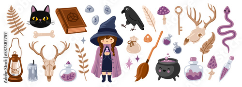 Little witch, black cat, raven, deer skull, cauldron, runes and magic potion. Witch mystical attributes, witchcraft elements. Set of vector cartoon hand drawn isolated illustrations.