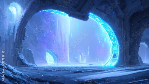 Fantasy fantastic futuristic ice frozen magic portal, blue neon, snow, ice, winter. 3D illustration