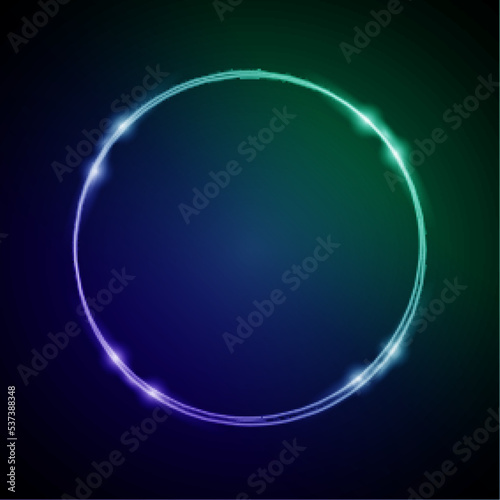 Neon Frame with Glow  and Sparkles. Electronic Luminous Circles Frame in Blue and Green Colors  for Entertainment Message or Promotion Theme on Dark
