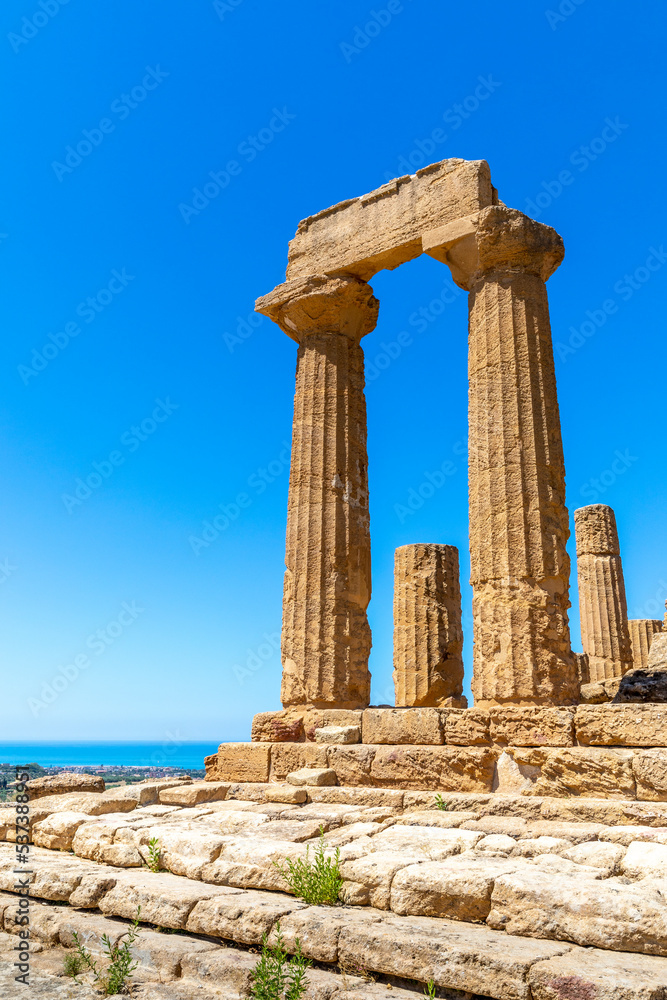 Agrigento, Sicily, Italy - July 12, 2020: The temple of Juno, in the valley of the temples of Agrigento in Sicily