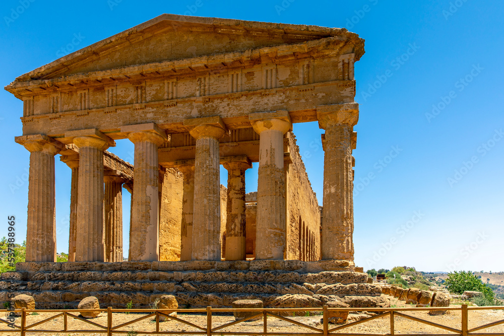 Agrigento, Sicily, Italy - July 12, 2020: Greek ruins of Concordia Temple in the Valley of Temples near Agrigento in Sicily